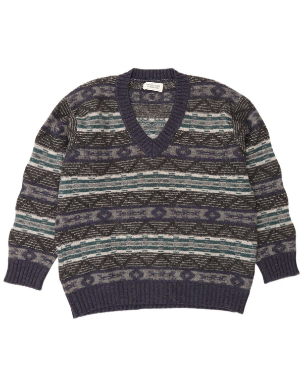 Maglione da uomo con scollo a V Benetton XL in lana geometrica viola