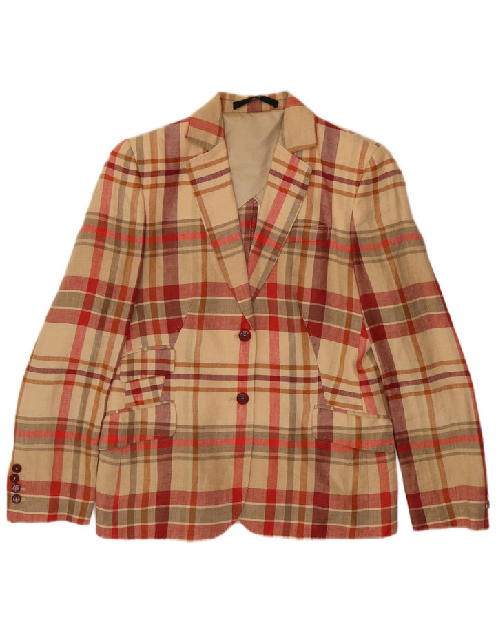 Giacca blazer a 2 bottoni da donna DAKS UK 14 Lino a quadri beige grande