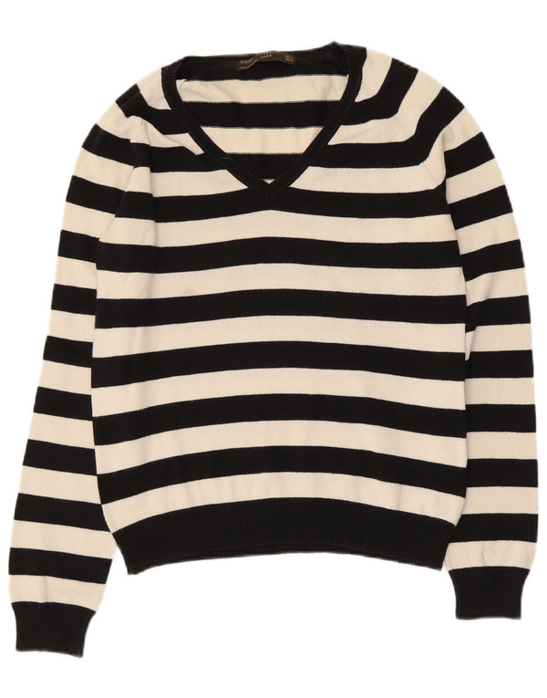 Maglione corto con scollo a V da donna Zara UK 14 Cotone a righe grandi nere