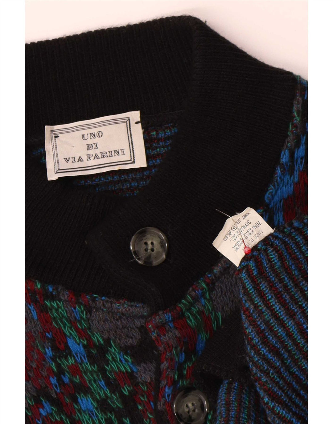 Maglione cardigan vintage da uomo con motivo astratto in lana multicolore media