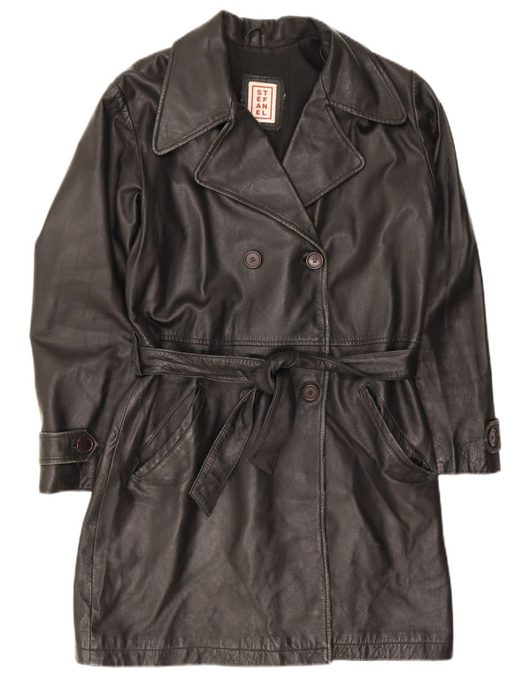 Cappotto in pelle doppio petto da donna Stefanel UK 14 Pelle nera media