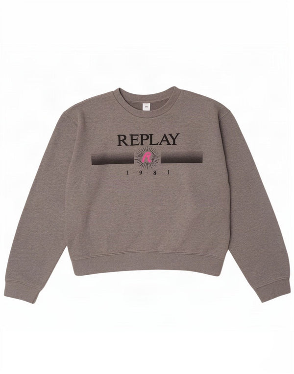 Felpa con grafica corta da donna Replay, maglione UK 14, grigio medio screziato