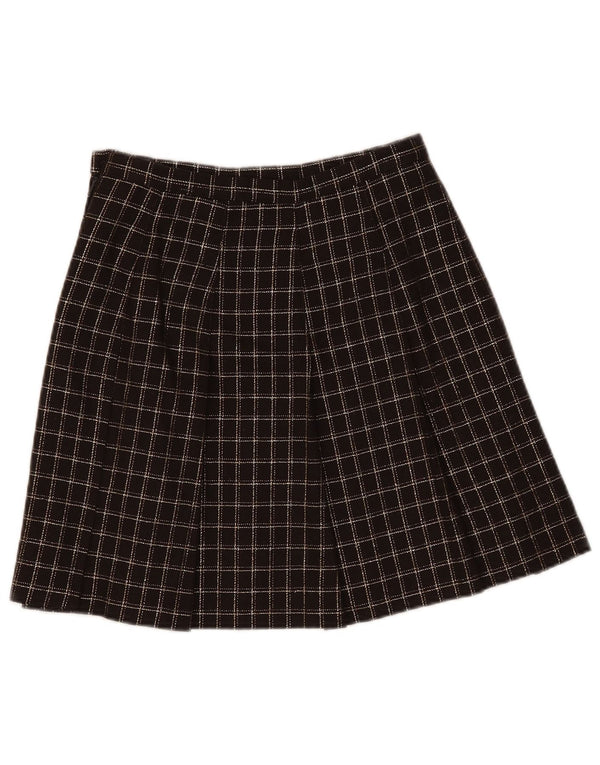 Gonna a pieghe vintage da donna UK 10 piccola W26 lana a quadri marrone
