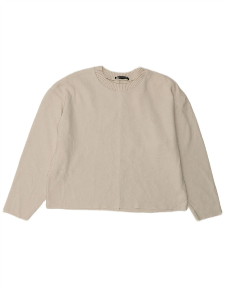 ZARA Maglione Corto Girocollo Corto da Donna Oversize UK 10 Piccolo Bianco