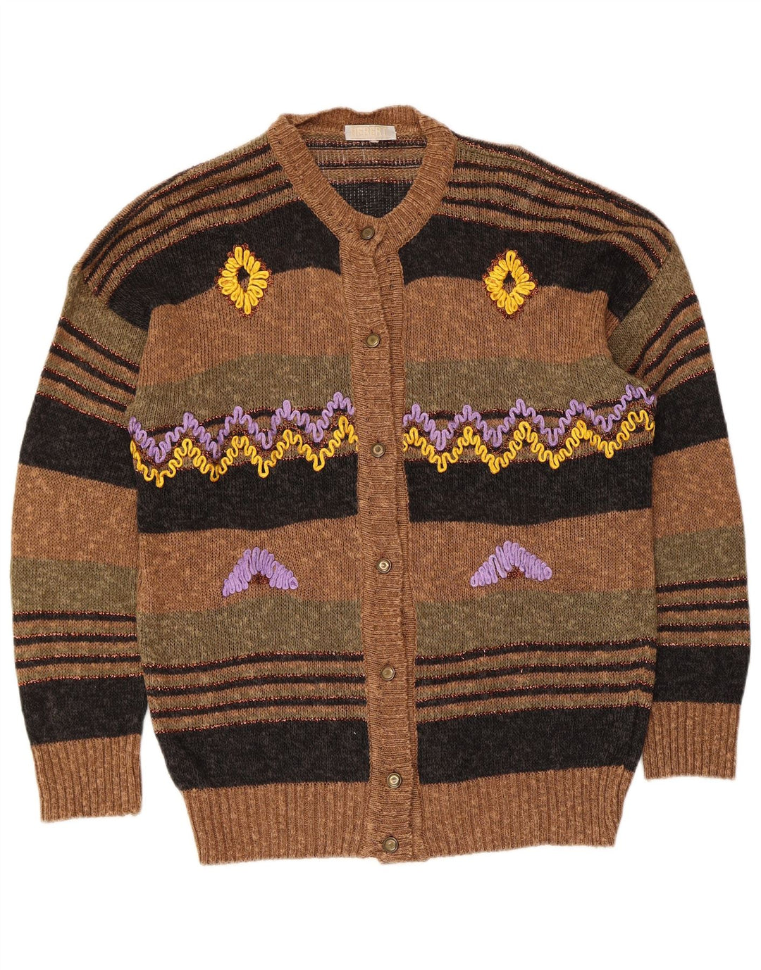 Maglione cardigan da donna vintage lino grande a righe marroni