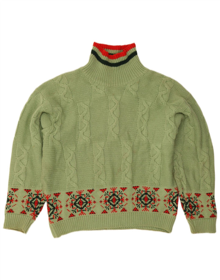 Maglione maglione collo alto da donna vintage UK 14 Verde medio geometrico