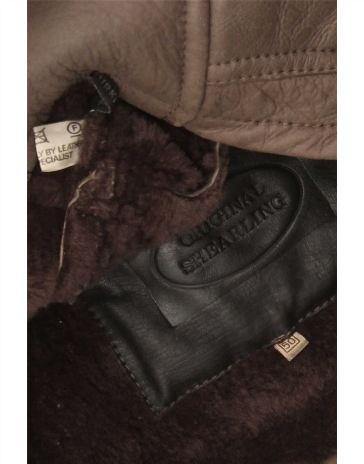 Giubbotto shearling doppiopetto vintage da uomo IT 50 grande in pelle marrone