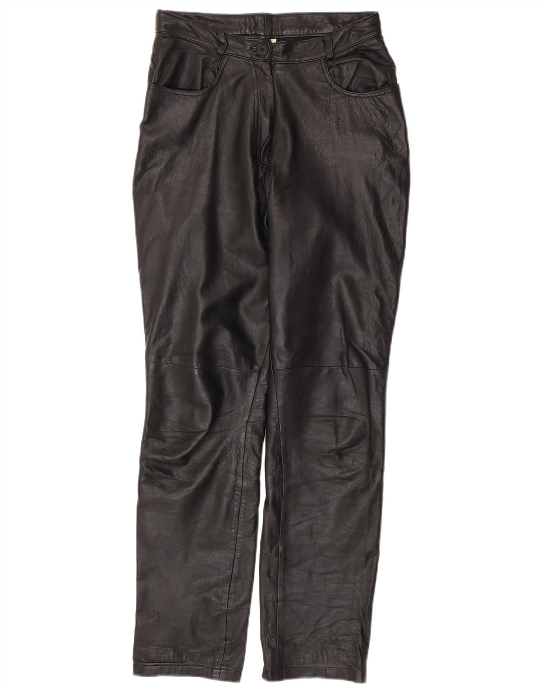 Pantaloni in pelle affusolati da donna VINTAGE UK 10 piccoli W28 L30 in pelle nera