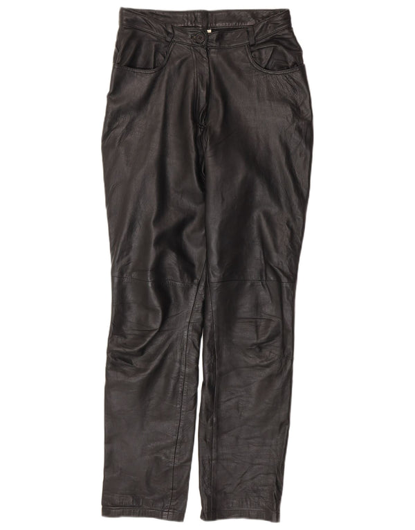 Pantaloni in pelle affusolati da donna VINTAGE UK 10 piccoli W28 L30 in pelle nera