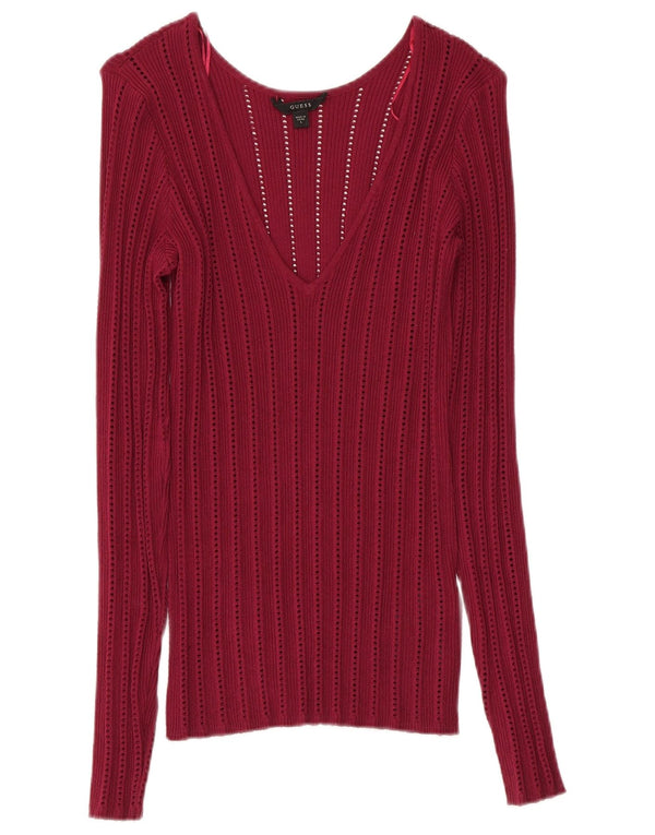 GUESS Maglione da donna con scollo a V UK 12 Rayon bordeaux medio