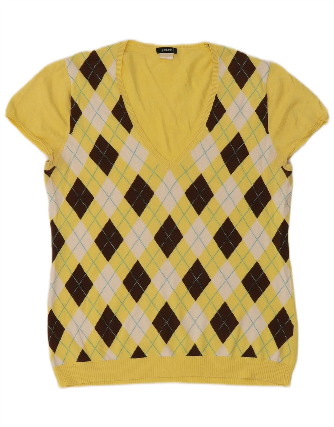 J. CREW Maglione da donna con scollo a V UK 12 Medio Giallo Argyle/Diamante