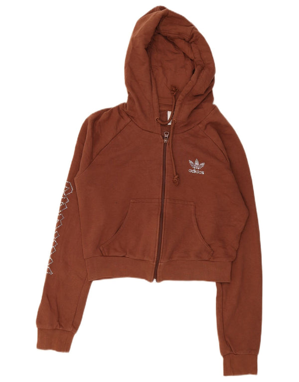 Maglione con cappuccio e zip grafica da donna Adidas UK 12 Cotone marrone medio