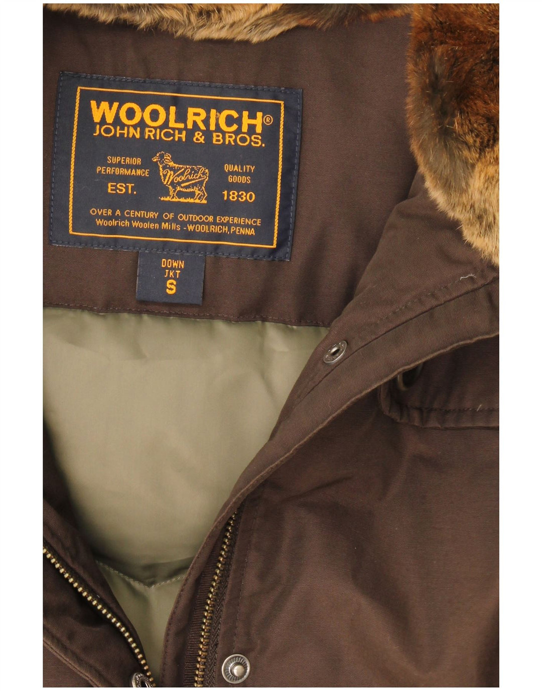 Cappotto imbottito con cappuccio da donna Woolrich UK 10 piccolo cotone marrone