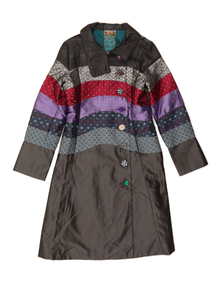 DESIGUAL Womens Graphic Overcoat EU 36 Small Grey Patchwork Polyester Vintage Desigual and Second-Hand Desigual from Messina Hembry 