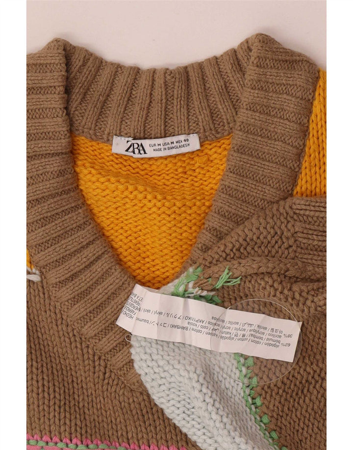 Maglione Zara da uomo con scollo a V in cotone a righe multicolore medio
