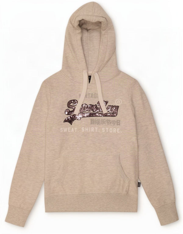 Felpa con cappuccio grafica da donna Superdry UK 12 Cotone chiazzato grigio medio