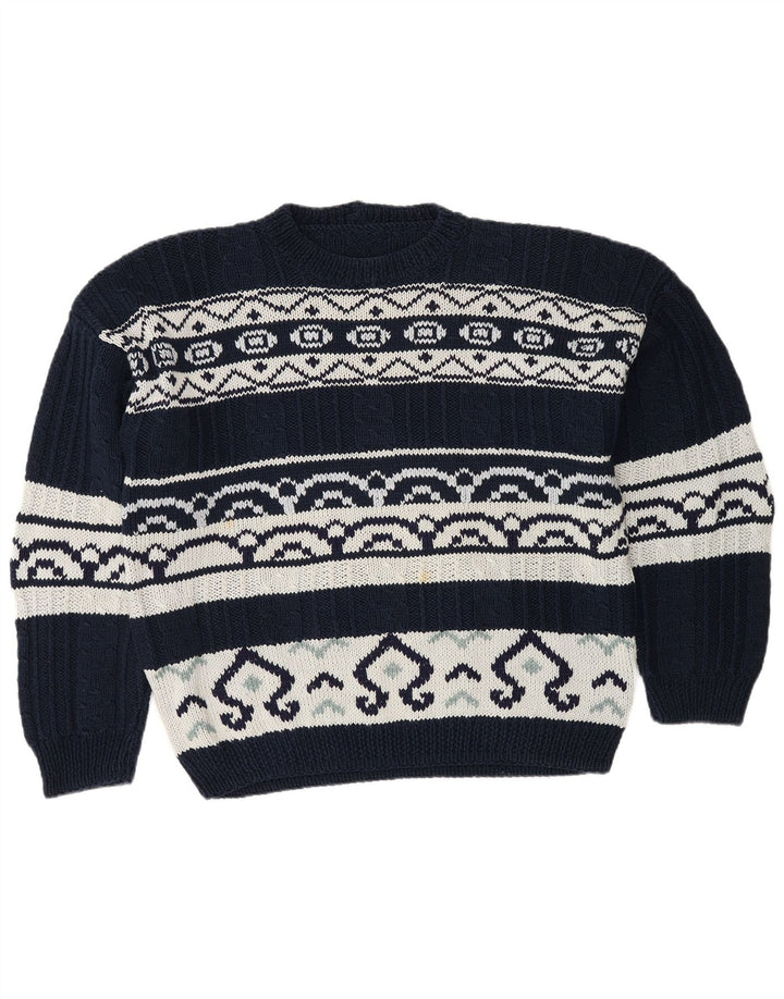 Maglione maglione girocollo vintage da uomo grande Fair Isle blu navy