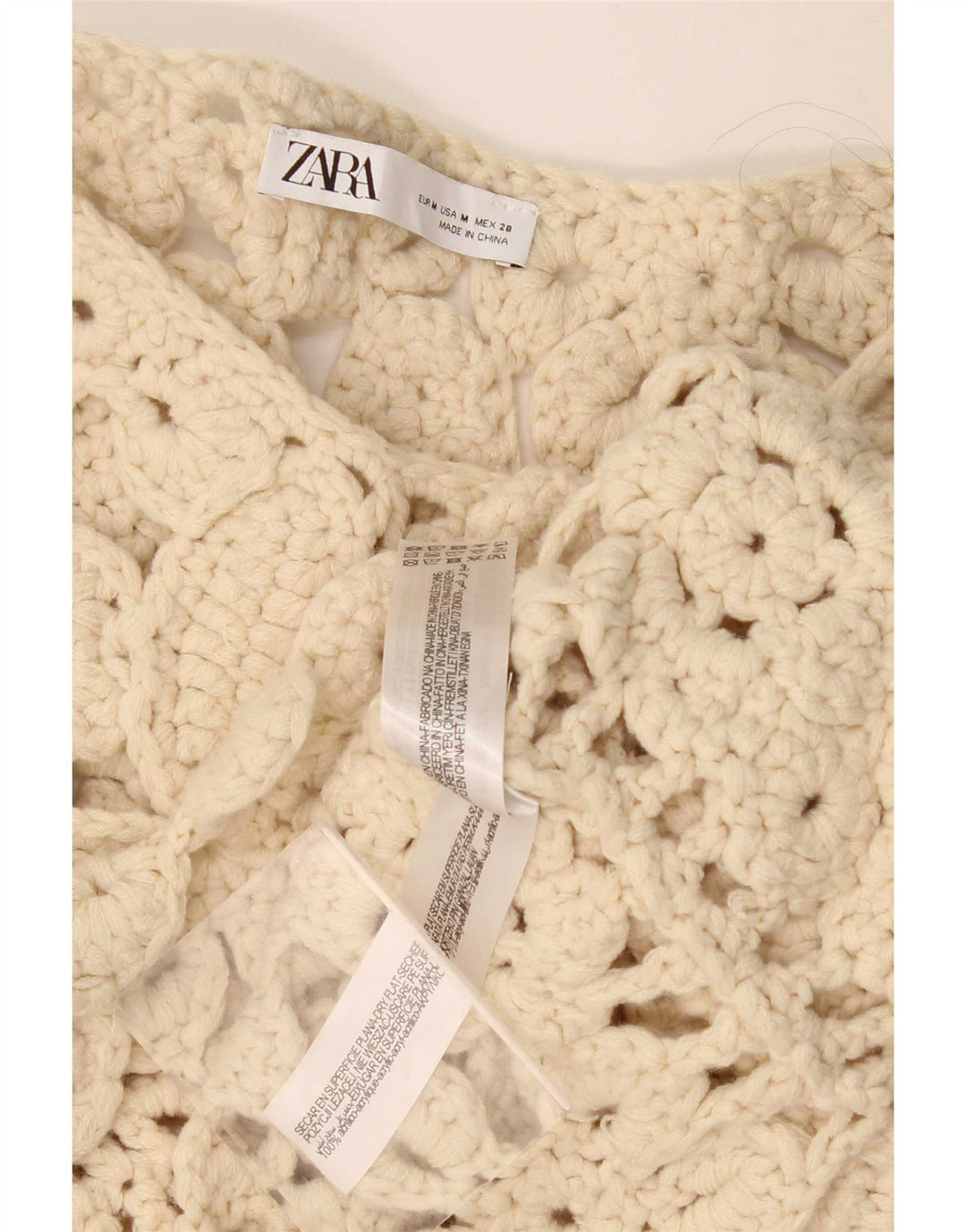 Top Zara da donna, camicetta oversize all'uncinetto con maniche a 3/4, UK 14, beige medio