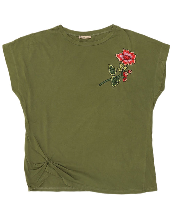 T-shirt grafica da donna Zara Top UK 16 grande cotone kaki
