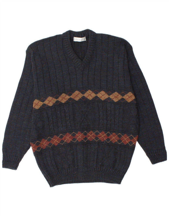 BERKERTEX Maglione da uomo con scollo a V grande blu navy a rombi/diamante