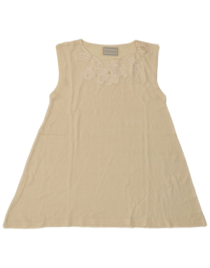 Camicetta senza maniche vintage da donna Top UK 8 piccolo floreale bianco sporco