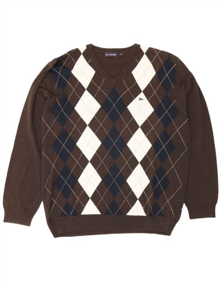 Paul Smith Maglione da uomo con scollo a V XL Marrone Argyle/Diamante