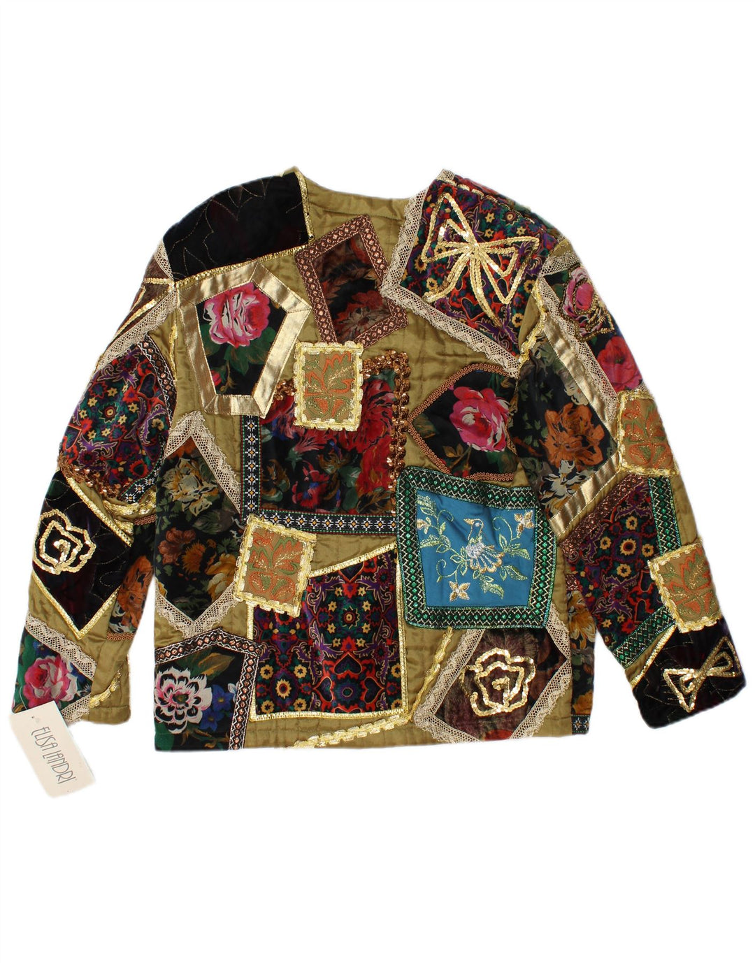 Giacca blazer da donna ELISA LANDRI UK 16 grande viscosa patchwork kaki