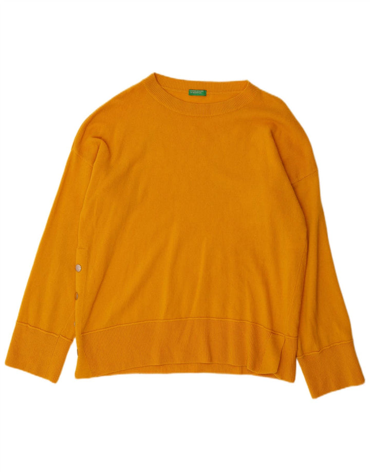 BENETTON Maglione girocollo oversize da donna UK 10 piccolo in lana gialla