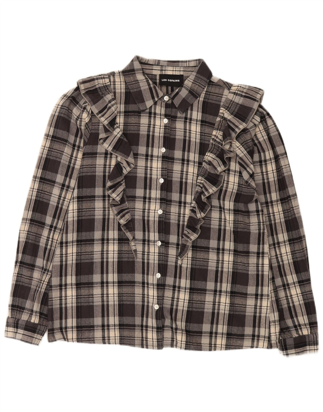 Camicia da donna in flanella con volant sul davanti Les Copains IT 46 quadri grigi grandi