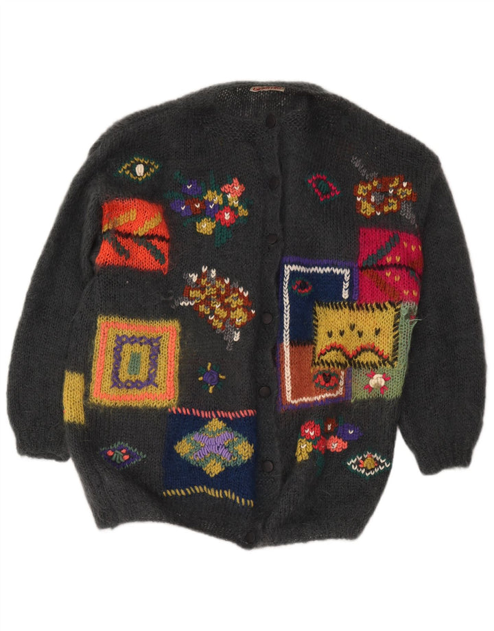 Maglione cardigan grafico da donna vintage UK 18 XL Patchwork grigio
