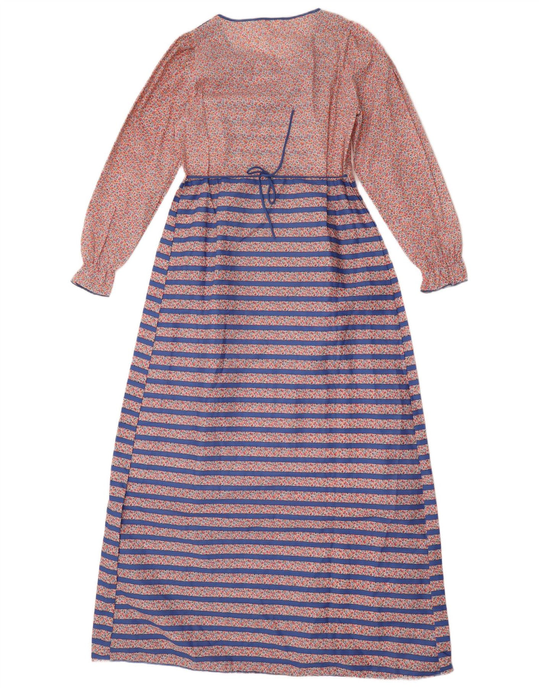 Abito maxi a maniche lunghe da donna vintage UK 14 Poliestere a righe blu medio