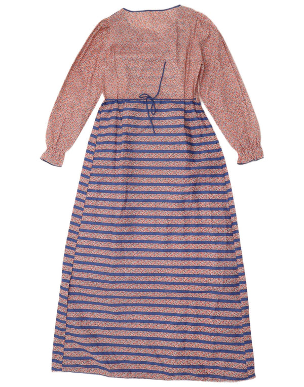 Abito maxi a maniche lunghe da donna vintage UK 14 Poliestere a righe blu medio