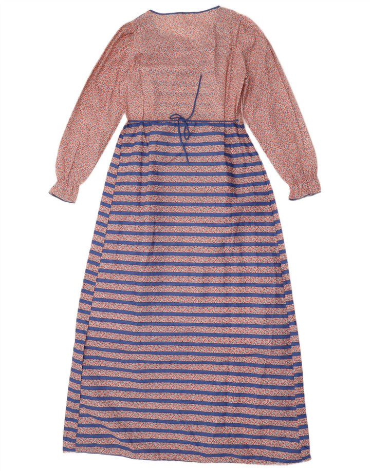Abito maxi a maniche lunghe da donna vintage UK 14 Poliestere a righe blu medio