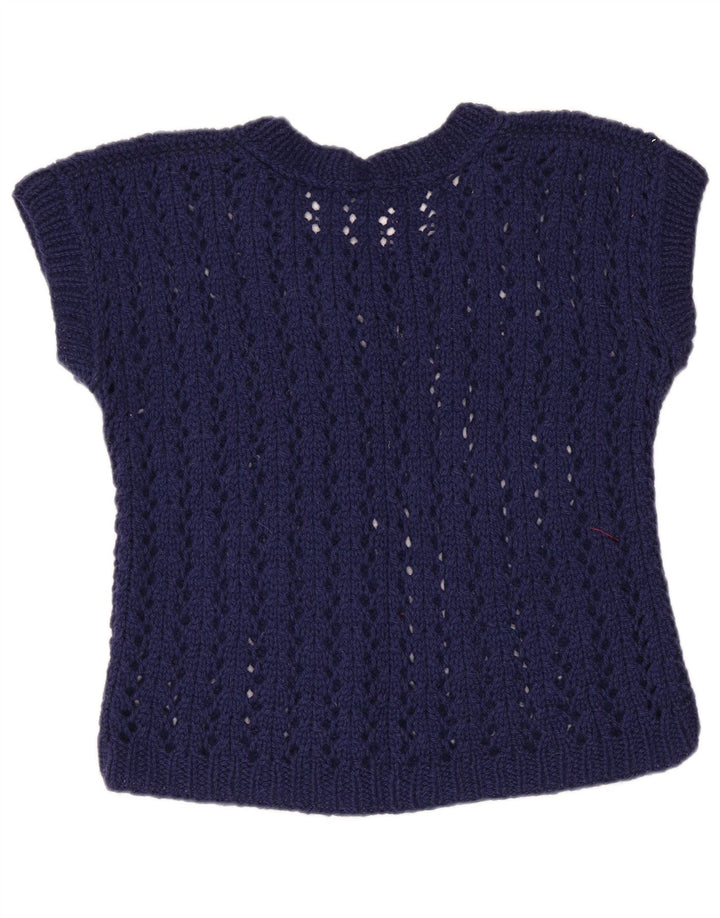 Maglione maglione con scollo a barca corto da donna VINTAGE UK 12 medio blu navy