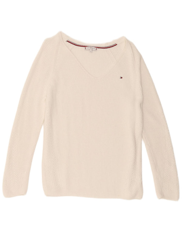 Maglione maglione con scollo a V da donna Tommy Hilfiger UK 14 Cotone bianco medio