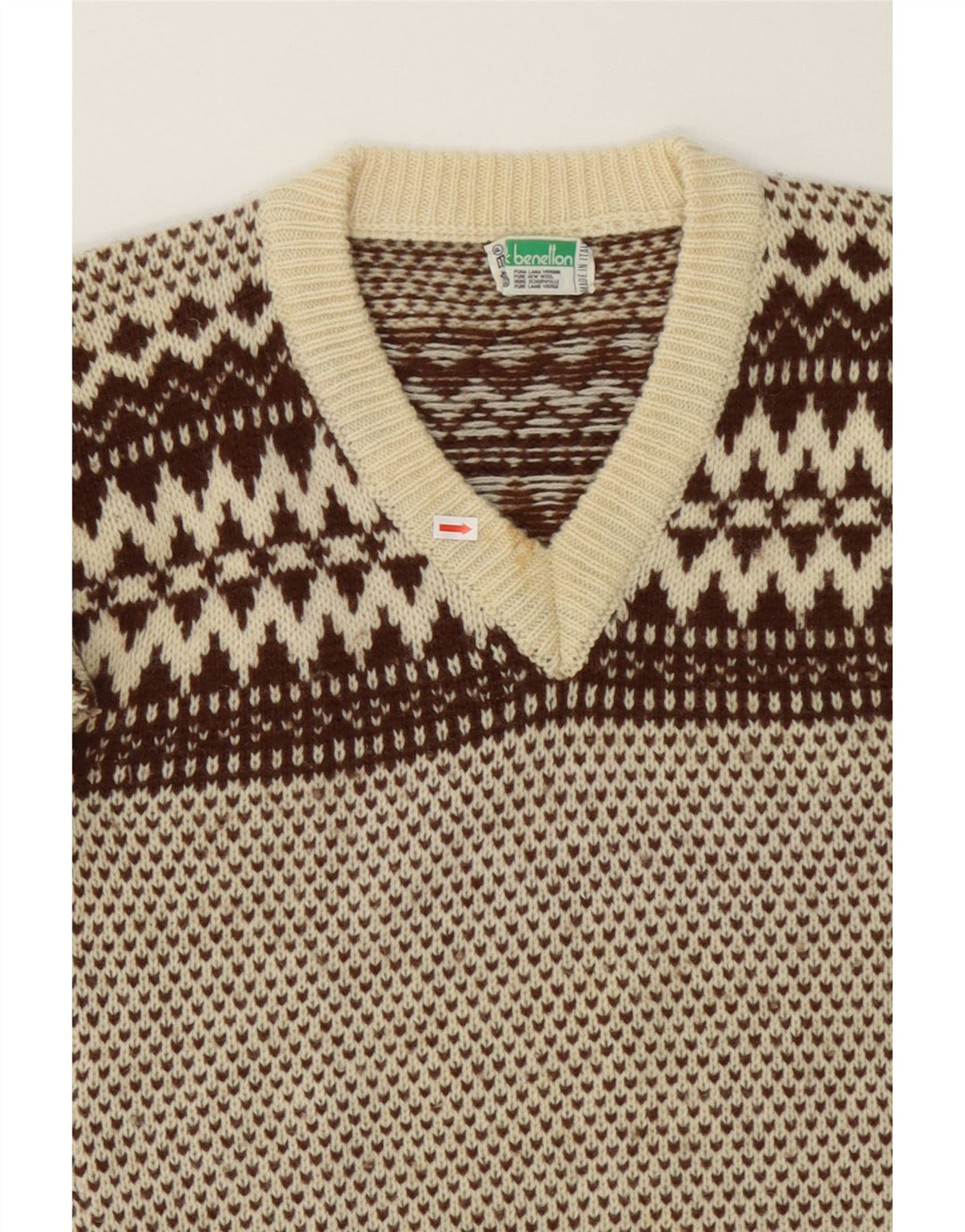 BENETTON Womens V-Neck Jumper Sweater IT 46 Large Beige Fair Isle Wool Vintage Benetton and Second-Hand Benetton from Messina Hembry 
