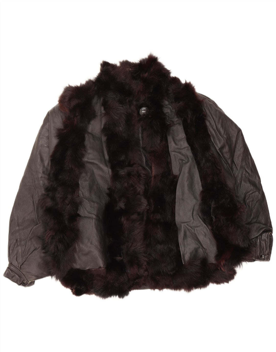 Giacca in pelle da donna vintage con pelliccia UK 14 media nera