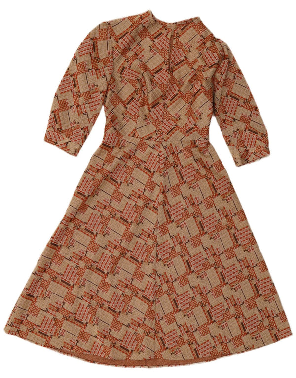 Abito vintage da donna a linea A con maniche a 3/4 UK 10 Piccolo marrone geometrico