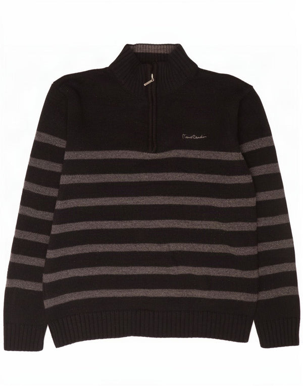 Pierre Cardin Maglione da uomo con zip e collo XL in acrilico a righe nere