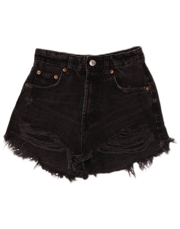 Pantaloncini di jeans a vita alta invecchiati da donna Zara EU 32 2XS W22 cotone nero