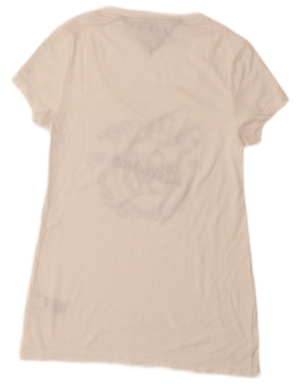 TOMMY HILFIGER T-shirt grafica da donna Top UK 10 piccola cotone bianco