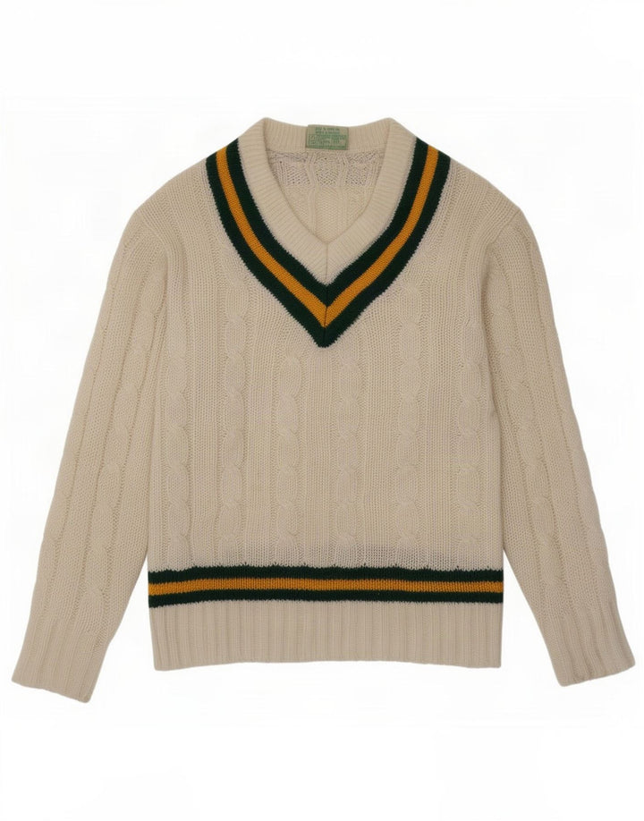 Maglione vintage da uomo con scollo a V in acrilico a righe bianche medie