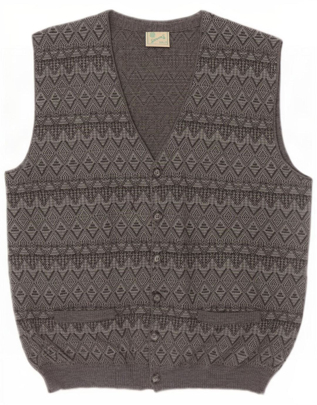 Maglione cardigan senza maniche vintage da uomo 2XL grigio a rombi/diamante