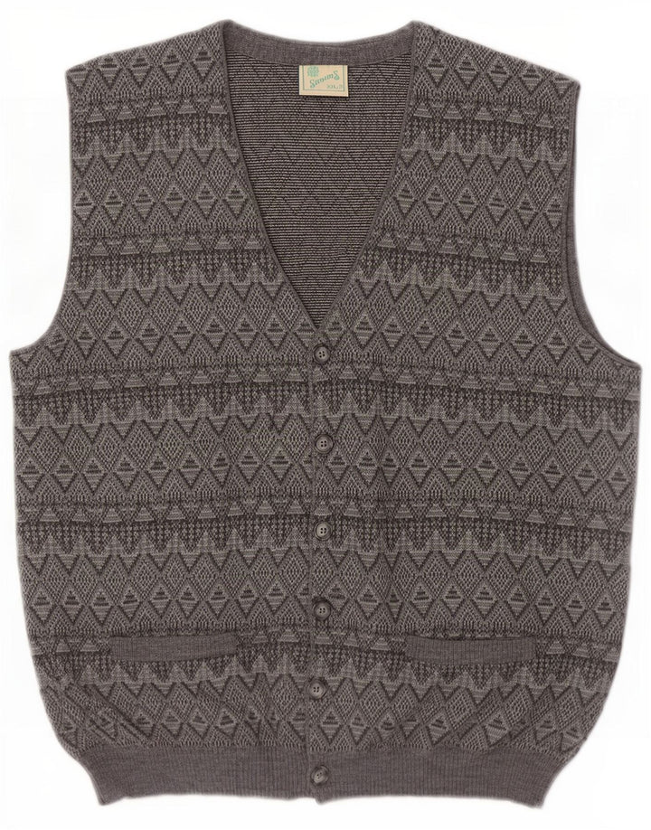 Maglione cardigan senza maniche vintage da uomo 2XL grigio a rombi/diamante