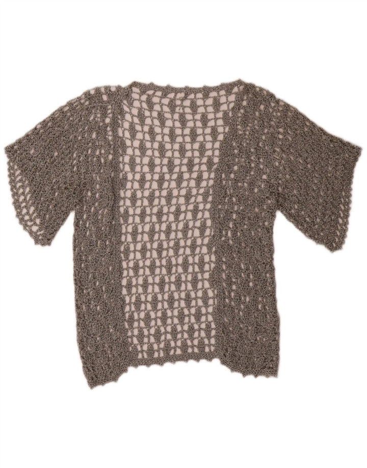 Top cardigan all'uncinetto a maniche corte da donna vintage UK 12 argento medio