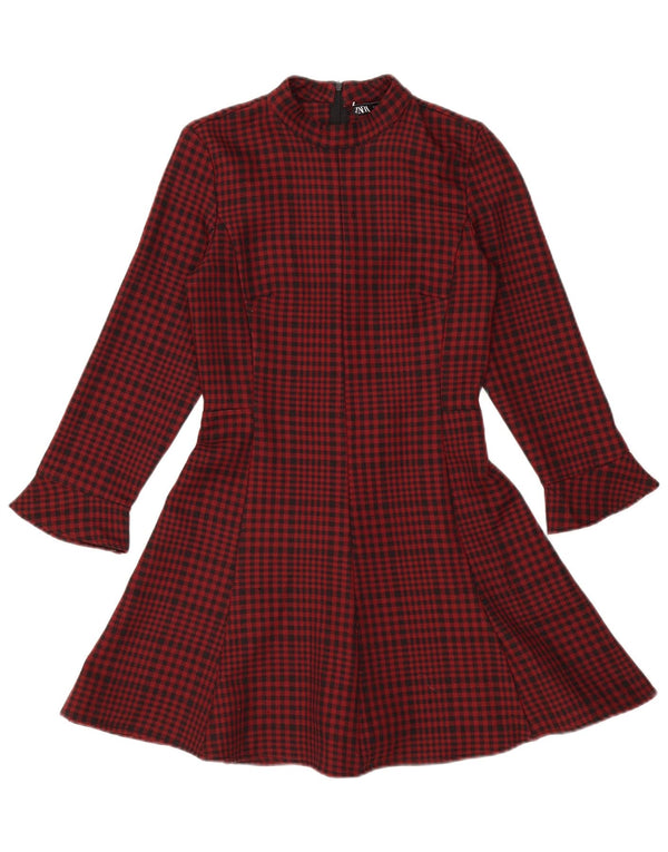 Zara Womens Long Sleeve A-Line Dress UK 10 Small Red Check