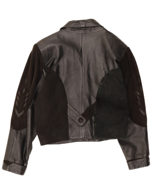 Giacca in pelle vintage da donna UK 14 patchwork nero medio