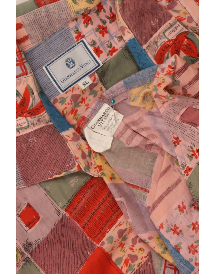Camicia vintage da uomo a maniche corte XL in cotone patchwork multicolore