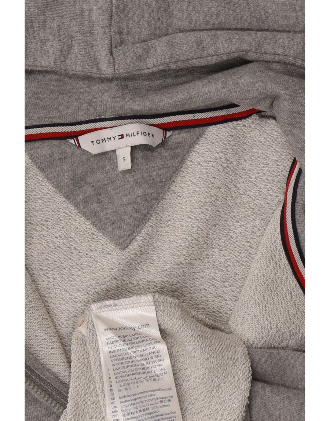 TOMMY HILFIGER Maglione con cappuccio e zip grafica da donna UK 10 piccolo cotone grigio