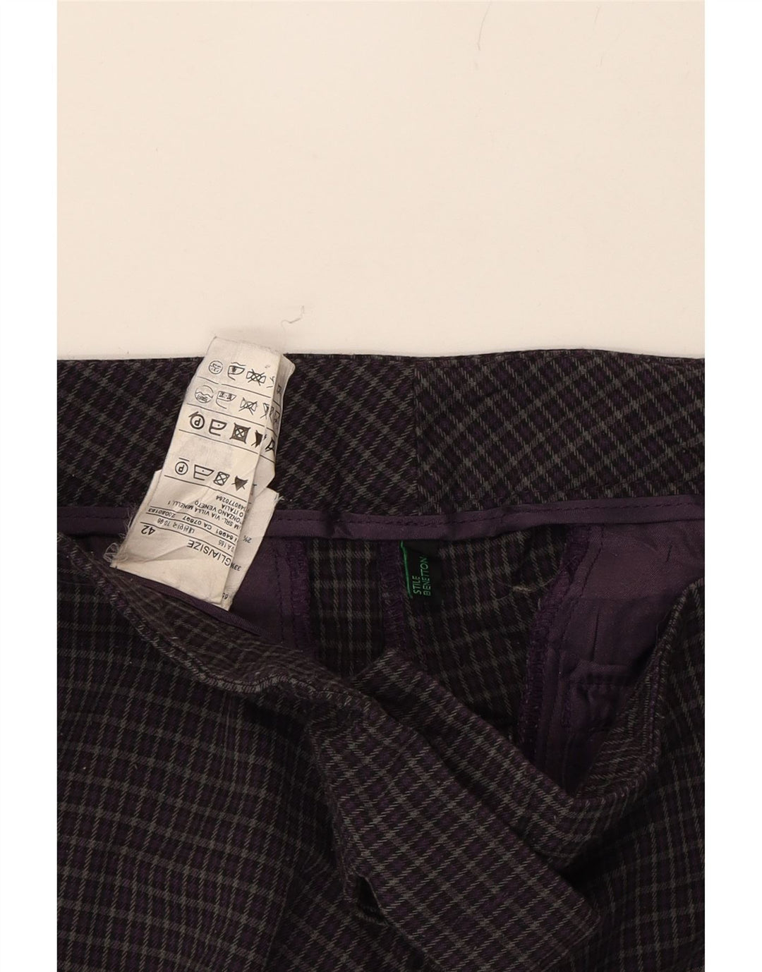 BENETTON Womens Slim Chino Trousers IT 42 Medium W30 L29 Purple Check Vintage Benetton and Second-Hand Benetton from Messina Hembry 